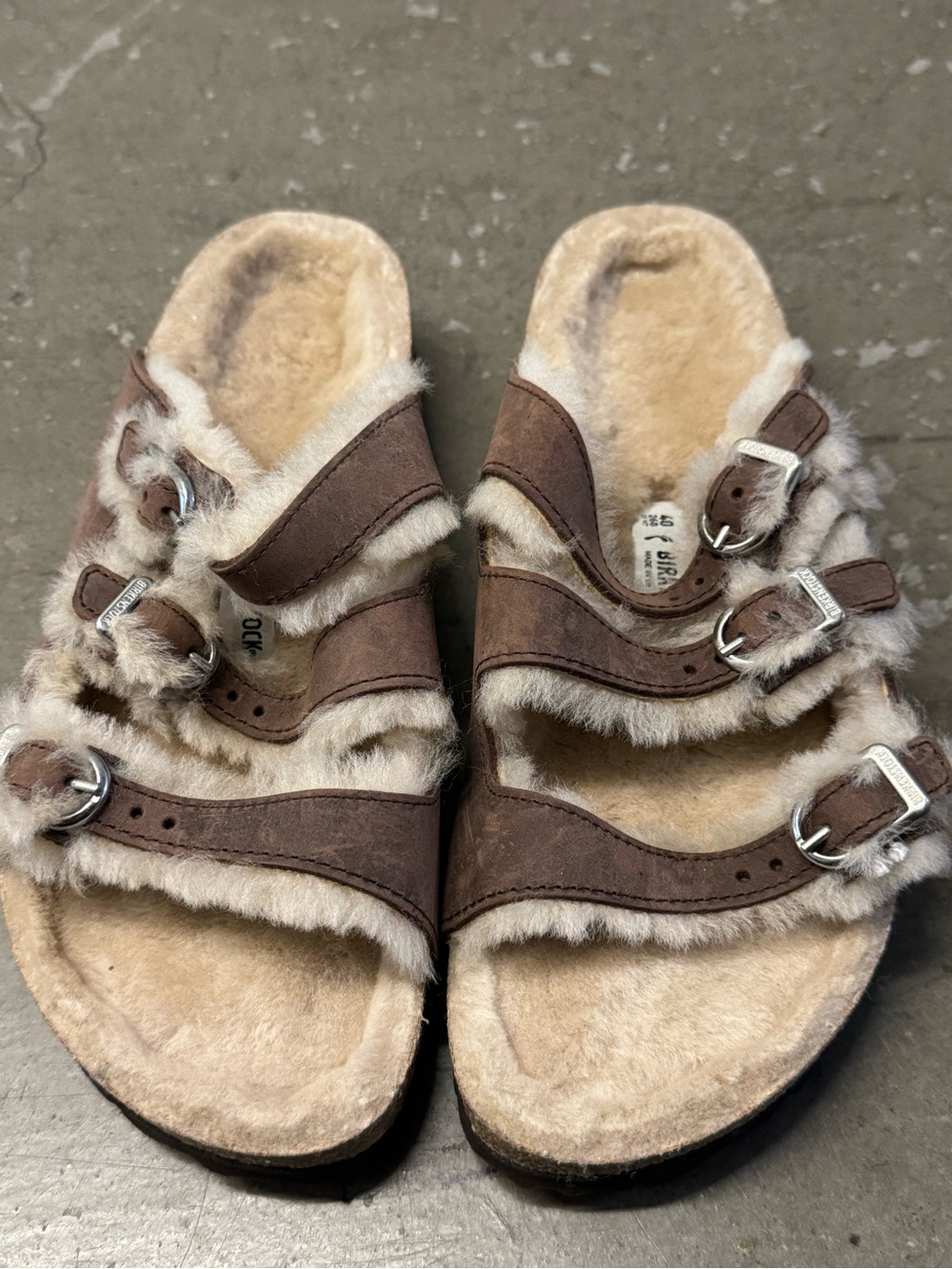 Size 40 - Birkenstock Brown Suede Shearling Triple-Buckle Slides